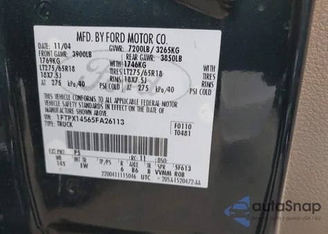 2005 Ford F-150 Fx4/Lariat/Xl/Xlt z USA, uszkodzony, nr VIN 1FTPX14565FA26113